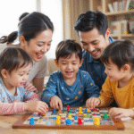 A happy family playing board game. a positive parenting tip