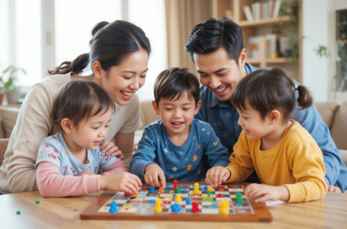 A happy family playing board game. a positive parenting tip