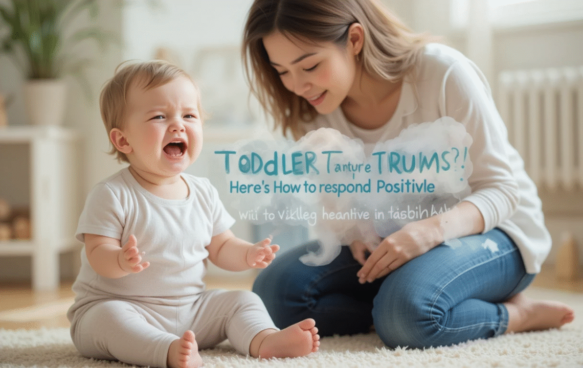 Parent calmly comforting upset toddler during tantrum at home, representing positive parenting techniques.