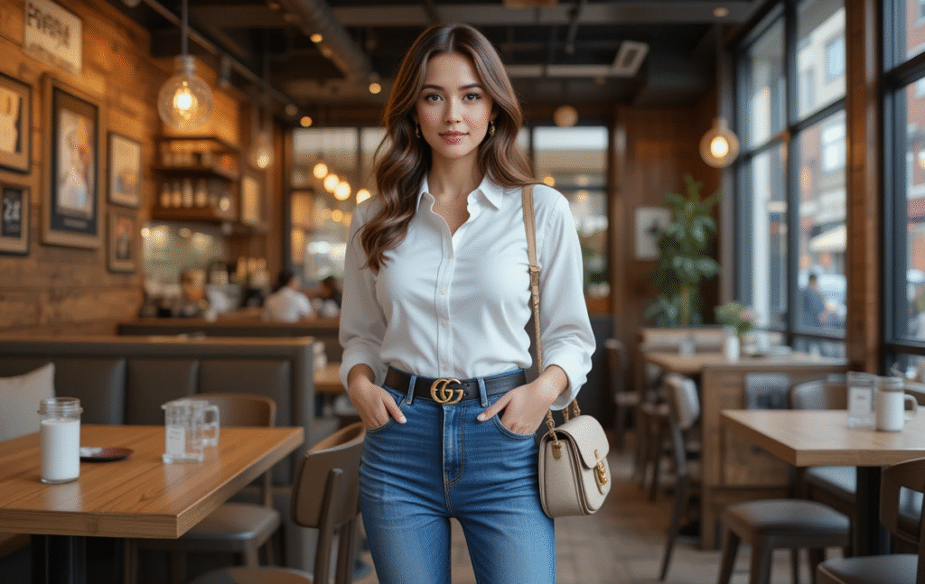 A modern working women wearing affordable designer Gucci belt and Dior bag.