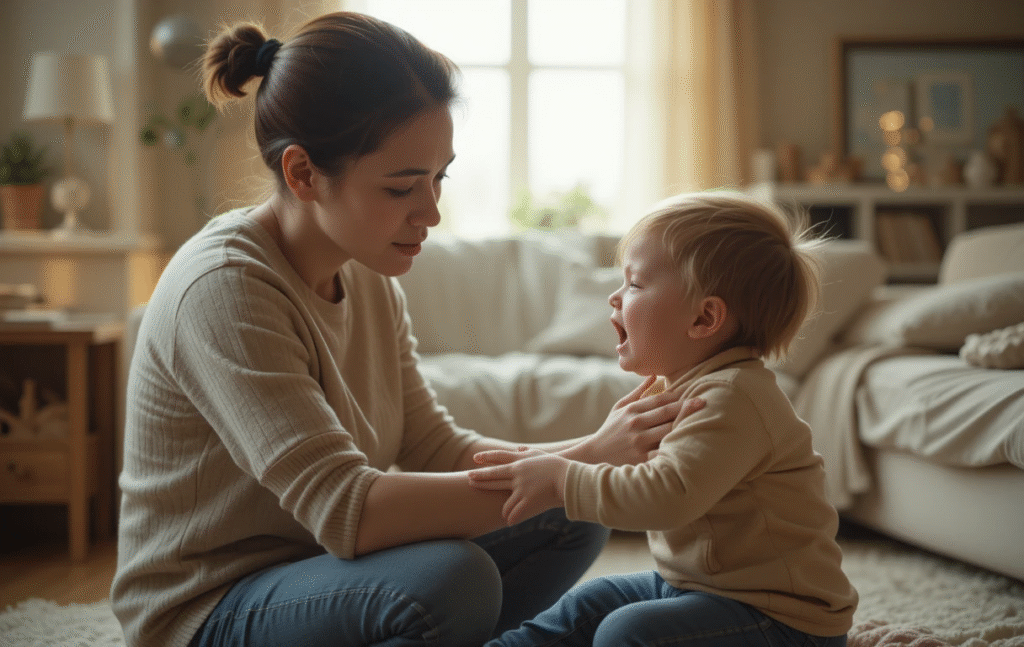 a mother handling tantrum of her toddler