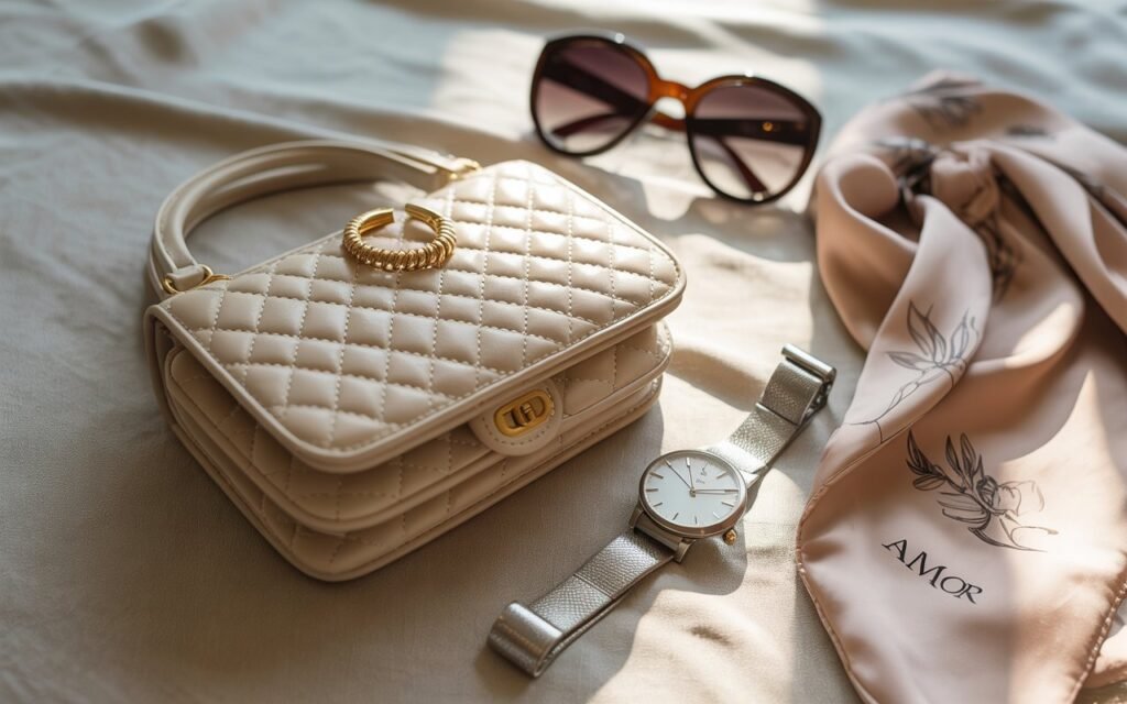 designer bag, watch and scarf