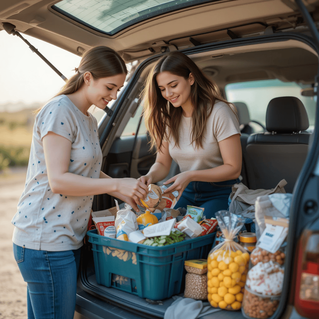 Two young girls packing snacks for road trip.