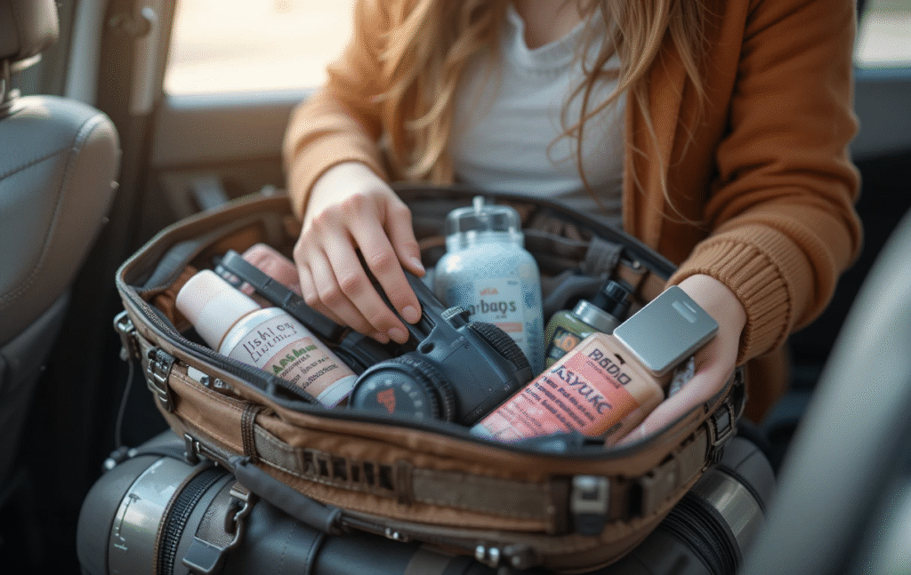 Packing essential item for road trip. 