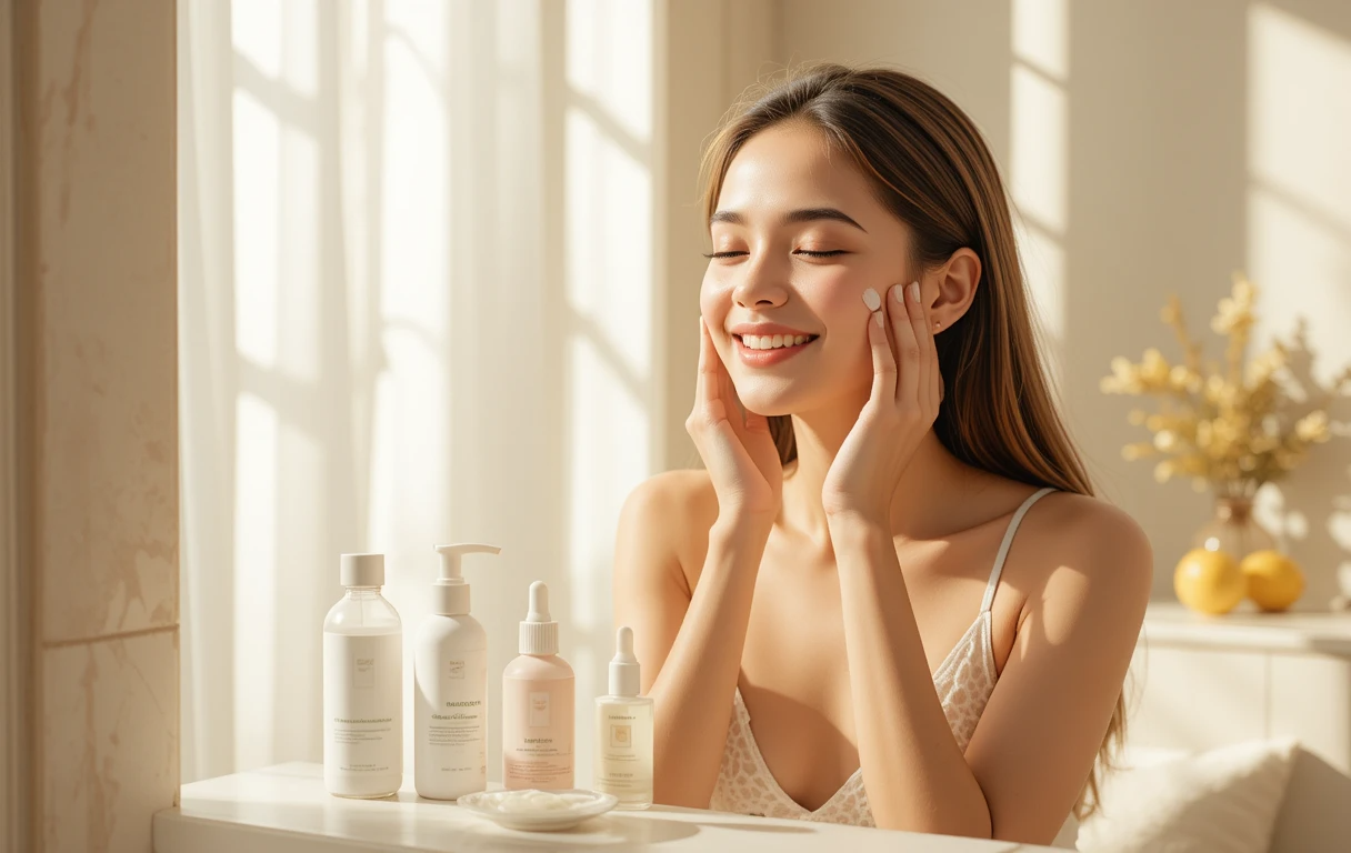 Minimalist, easy four steps for a skincare routine in summer